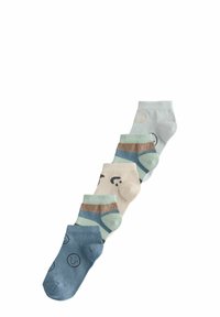 Cinq paires de chaussettes en coton colorées de différentes teintes, avec des motifs comme des visages souriants et des rayures, au design mi-mollet.
