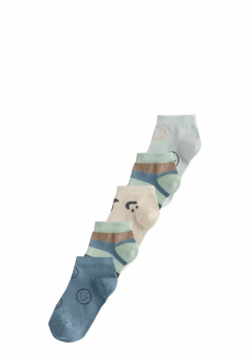 Cinq paires de chaussettes en coton colorées de différentes teintes, avec des motifs comme des visages souriants et des rayures, au design mi-mollet.