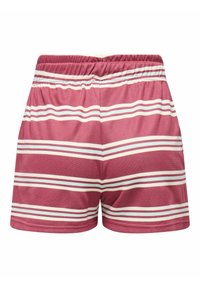 Shorts rayés de couleur bordeaux avec des rayures blanches et bleu clair, fabriqués à partir d'un tissu texturé, dotés d'une taille élastique.