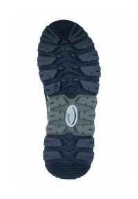 Zwart en grijs rubberen buitenzool met een profielpatroon met diepe groeven en ribbels, centraal logo en versterkte hak voor grip.