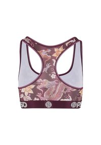 Bordeaux sportbeha met een bloemen- en drakenpatroon, racerback ontwerp, zachte stof en een logoband aan de onderkant.