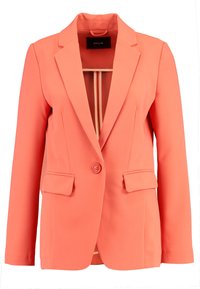Marynarka w kolorze koralowym o dopasowanym kroju, z klapami z wycięciem, pojedynczym zapięciem na guzik i dwoma przednimi kieszeniami. Gładka tekstura tkaniny.