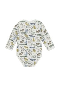 Långärmad babylångärmad bodysuit i vit bomull, med ett färgglatt djurmönster som inkluderar elefanter, lejon och krokodiler i olika nyanser och mönster.