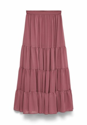 Jupe maxi mauve à étages avec coutures froncées et taille élastique, tissu léger et fluide, sans motifs ni ornements visibles.