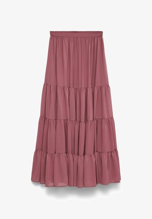 Jupe maxi mauve à étages avec coutures froncées et taille élastique, tissu léger et fluide, sans motifs ni ornements visibles.