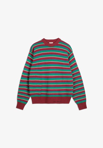 Langärmliger Strickpullover mit horizontalen Streifen in Bordeauxrot, Grün, Blau und Weiß, mit gerippten Bündchen und Saum.