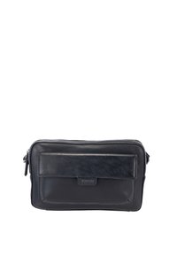 Zwarte leren tas met een gladde textuur, rechthoekige vorm, voorvak en een ritssluiting. Voorzien van een klein logo aan de voorkant.