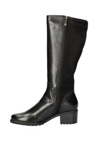Zwarte kniehoge laarzen van glad leer met een ritssluiting aan de zijkant, een afgeronde neus en een gestructureerde blokhak. Er zijn subtiele stiksels aanwezig.