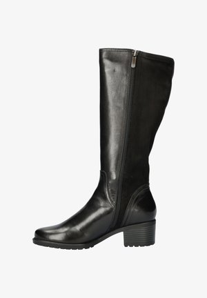 Zwarte kniehoge laarzen van glad leer met een ritssluiting aan de zijkant, een afgeronde neus en een gestructureerde blokhak. Er zijn subtiele stiksels aanwezig.