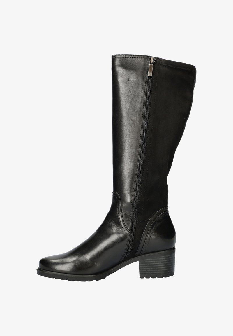 Zwarte kniehoge laarzen van glad leer met een ritssluiting aan de zijkant, een afgeronde neus en een gestructureerde blokhak. Er zijn subtiele stiksels aanwezig.