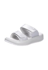 Sandalias de slide sintéticas plateadas con dos correas ajustables; plantilla texturizada, mediasuela acolchada y suela exterior de goma blanca.