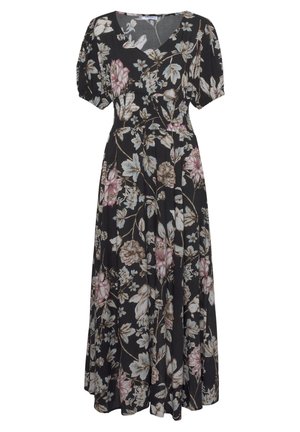 Abito lungo floreale con sfondo nero, dotato di scollatura a V, maniche corte a sbuffo e variopinti fiori in diverse tonalità di rosa e blu. Tessuto morbido.
