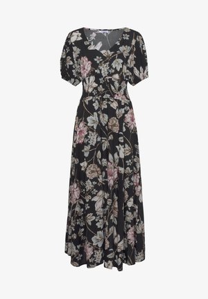Lillelille mustriga maxi kleit mustal taustal, millel on V-kaelus, lühikesed paisutatud varrukad ja erinevates roosa ja sinise toonides lilled. Pehme kangas.
