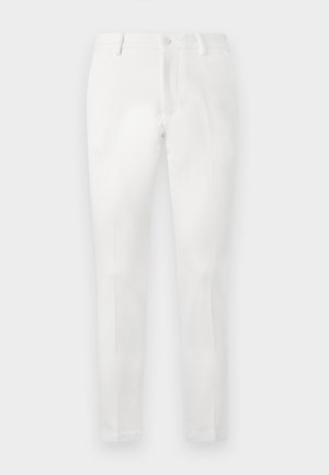 Białe spodnie o dopasowanym kroju, z płaskim przodem, dwoma bocznymi kieszeniami i jedną tylną kieszenią. Wykonane z gładkiego materiału.