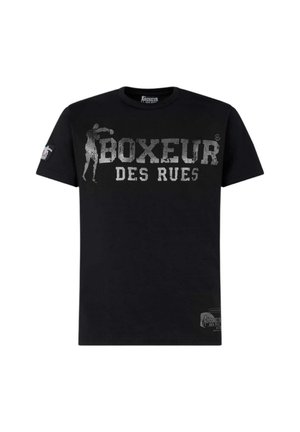 T-shirt in cotone nero con stampa grafica recante la scritta "BOXEUR DES RUES" in bianco invecchiato, e un piccolo logo sulla manica.