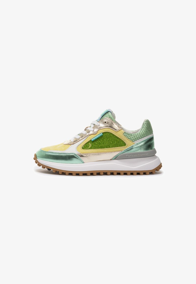 Lace-up sneakers featuring a mix of green, yellow, and metallic materials. Textured fabric, reflective accents, and a rubber sole with treads.