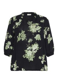 Zwarte blouse met een groen bloemmotief, voorzien van een V-hals, pofmouwen en een geraffineerde halslijn. Gemaakt van lichte, gestructureerde stof.