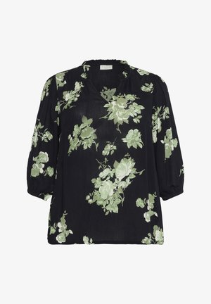 Mustmust, millel on roheline lillemuster, V-kaelus, puhväravad varrukad ja kogutud kaeluse detail. Valmistatud kergest, tekstureeritud kangast.