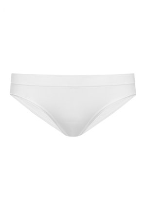 Hvid bomuldsbikini-undertøj med en glat, elastisk talje og et simpelt, sømløst design. Ingen synlige mønstre eller detaljer.