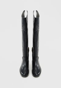 Tall black leather boots with side zippers and rounded toes, standing upright on a white background.