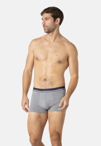 Boxers en coton gris avec une ceinture bleu marine ornée d'une rayure blanche. Le tissu a une texture lisse et un design ajusté.