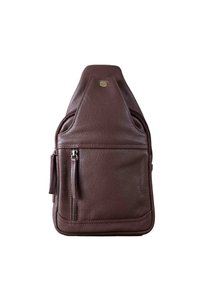 Brown leather sling bag with a textured finish, features a front zippered pocket, and a rounded top with a brass snap button detail.