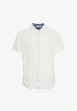 Lühikeste varrukatega valge linane särk, millel on nööbid ees, laia kaelusega ja kontrastne denimdetail sisekaelusel. Pehme tekstuur.