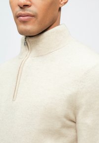 Pull-over tricot beige avec un col haut et une fermeture éclair partielle. Texture douce avec un léger éclat, arborant un design sans couture et une coupe ajustée.