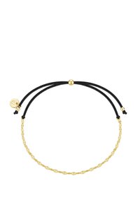 Auksu padengta apyrankė su tekstūruota grandinės dizainu, turinti du juodus reguliuojamus virvutes ir metalinius akcentus užsegimui.