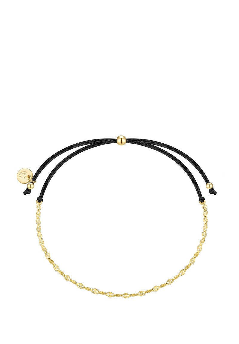 Auksu padengta apyrankė su tekstūruota grandinės dizainu, turinti du juodus reguliuojamus virvutes ir metalinius akcentus užsegimui.