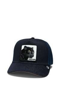 Navy blue baseball cap with a dark denim texture, featuring an embroidered panther patch with yellow eyes and the word "PANTHER".