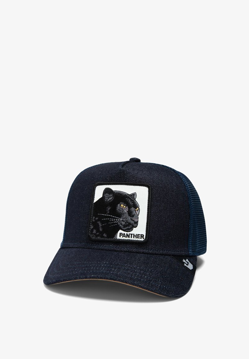 Navy blue baseball cap with a dark denim texture, featuring an embroidered panther patch with yellow eyes and the word "PANTHER".