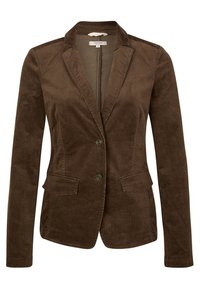 Ruskea samettinahkainen bleiseri, jossa on lovettu käännekaulus, kaksi etutaskua ja kaksi nappia. Kankaan pinta on teksturoitu, istuu hyvin ja siinä on pitkät hihat.