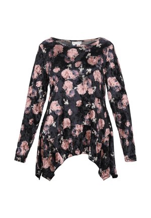 Fekete, hosszú ujjú felső virágmintával, rózsaszín és fehér virágokkal, puha anyagból készült, laza, aszimmetrikus szegéllyel.