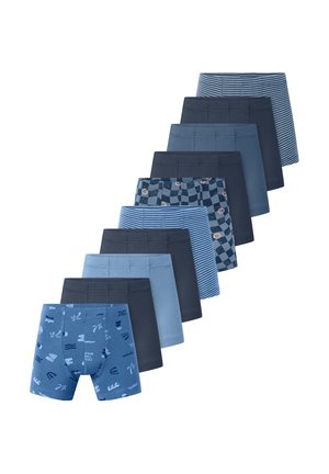 Set of ten men's boxer briefs in various blue shades and patterns including stripes, checks, and small prints, arranged in a staggered stack.