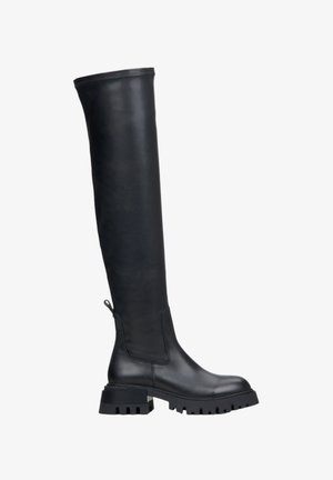 Black leather thigh-high boot with a chunky platform sole, smooth texture, and a side zipper. Seamless design extends to the knee.