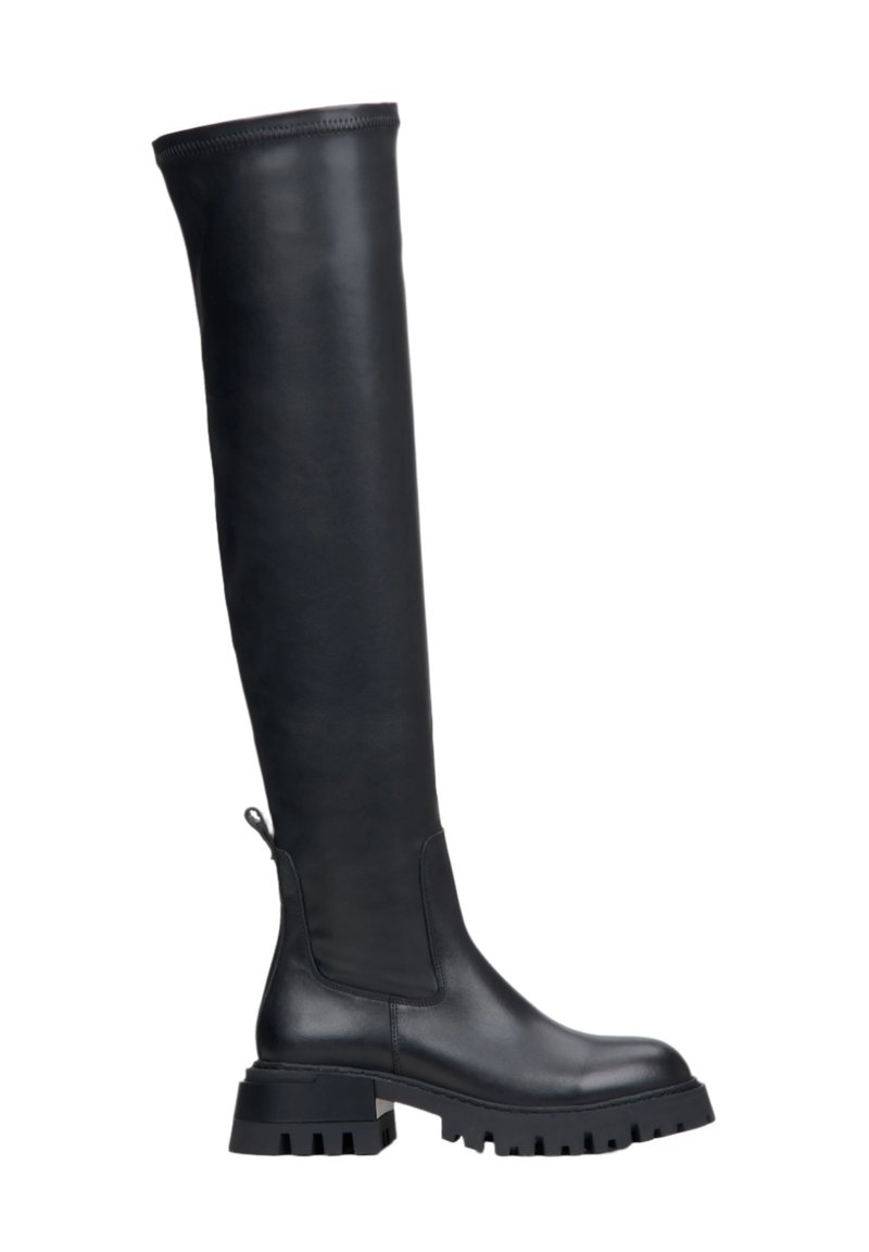 Black leather thigh-high boot with a chunky platform sole, smooth texture, and a side zipper. Seamless design extends to the knee.