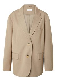 Beige blazer met een textuurafwerking, twee voorzakken, drie gouden knopen en een geknipt reversontwerp. De achterkant heeft een ophanglus.