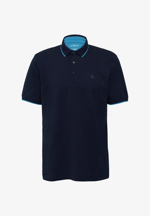 Navyblaues Poloshirt mit einem einfarbigen Körper, kontrastierendem hellblauem Kragen und Ärmelsaum, zweiknöpfiger Knopfleiste und gesticktem Logo auf der Brust.