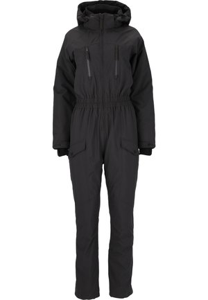 Black insulated jumpsuit with zippered chest pockets, adjustable hood, elastic waist, and straight legs, made from weather-resistant material.