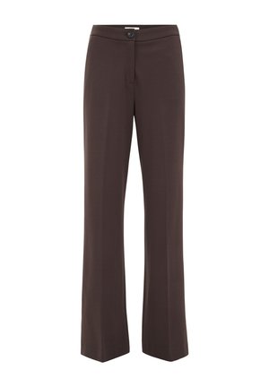 Pantalon marron ajusté avec une coupe droite, fermeture à bouton sur le devant et texture lisse. Présente un pli subtil à l'avant.