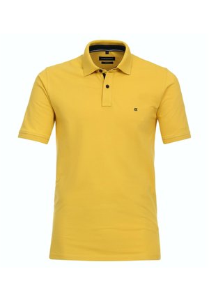Gelbes Polohemd aus Baumwolle mit Kragen, einer Zwei-Knopf-Leiste, kurzen Ärmeln und einem kleinen Logo auf der Brust.