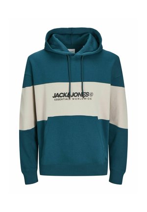 Teal hoodie med en cremefarvet stribe; har en kengurulomme, justerbar snorhætte og frontlogo-tryk "JACK&JONES ESSENTIALS WORLDWIDE."
