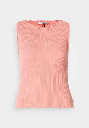 hele roosa varrukateta top soonilise tekstuuri ja laineri kujundusega. Valmistatud pehmest materjalist, on sellel keha järgnev lõige.