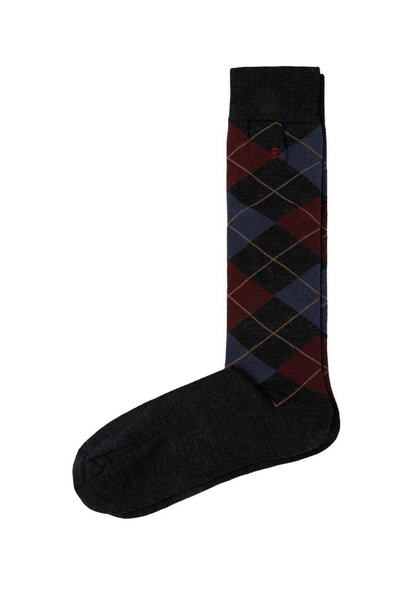 Argyle-patterned sock featuring dark red, blue, and black diamonds with beige accents; solid black foot; made from a soft textile material.