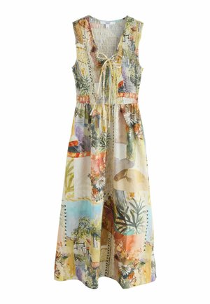Sukienka maxi bez rękawów z karbowaną górą, wiązaniem z przodu i kolorowym, abstrakcyjnym wzorem kwiatowym oraz motywami natury w pastelowych tonacjach.