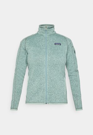 Hellblaue Patagonia Fleecejacke mit durchgehendem Reißverschluss, hohem Kragen, langen Ärmeln und seitlichen Reißverschlusstaschen.