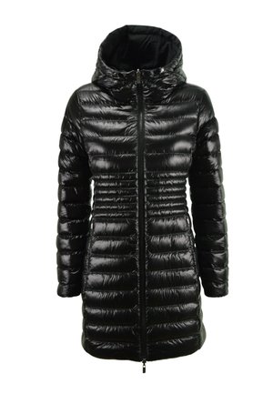 Cappotto lungo imbottito nero lucido con cappuccio e cerniera frontale, progettato per il freddo e l'isolamento.