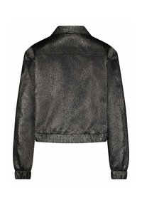 Zwarte cropped jacket met een textuurachtige glans, voorzien van een kraag, elastische manchetten en een geraffineerde zoom, gemaakt van lichtgewicht materiaal.