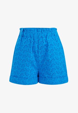 Helle blaue Baumwollshorts mit Lochstickerei, elastischem Bund und umgeschlagenen Saumabschlüssen.